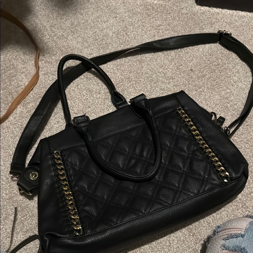 Black and Gold Quilted Shoulder Bag with Adjustable Strap